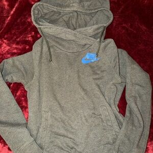 Nike Women's Heather Gray Cowl Funnel Neck Drawstring Hoodie with Blue Logo